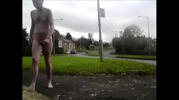 Waiting naked at a bus stop on busy road - public nudity Filem hangat panas