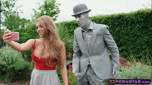 Hot Busty chick fucks a living statue performer outdoors warm Movies