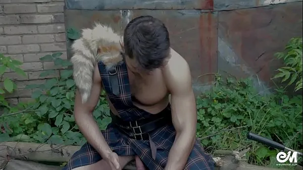 Hot Cute shirtless guy in scottish kilt playing with cock after hard work warm Movies