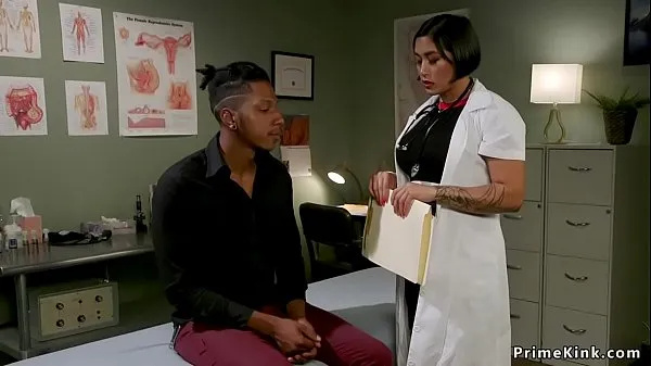 Busty brunette Asian doctor wanks off with two hands big black cock to patient Filem hangat panas