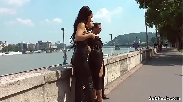 Hot Mistress Fetish Liza and master John Strong disgracing hot Euro slave Lola by the Danube in Budapest public then dragging her in bar for a sex warm Movies