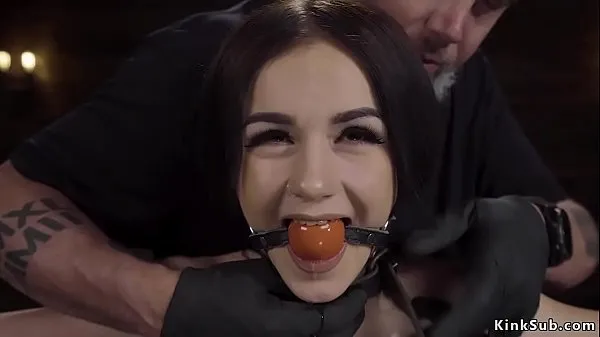Hot Gagged brunette slave Rosalyn Sphinx in standing device bondage drooling over her small tits with clamped nipples then electro shocked and rubbed warm Movies