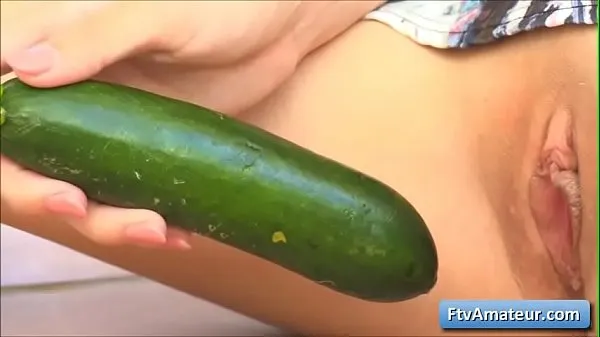 Hot Sexy brunette amateur with amazing big natural boobs fucks her shaved cunt with long cucumber for a massive orgasm warm Movies