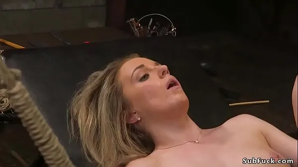 گرم Gagged blonde slut Kate Kennedy with small tits tied is tormented by muscled and tattooed master then anal fucked balls deep in dungeon گرم فلمیں