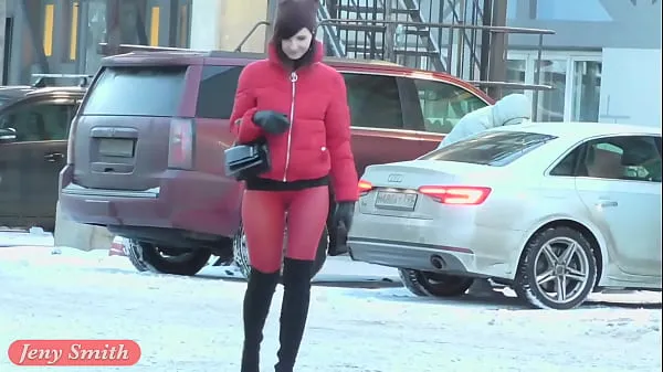 Hot Red Tights. Jeny Smith public walking in tight seamless red pantyhose (no panties warm Movies