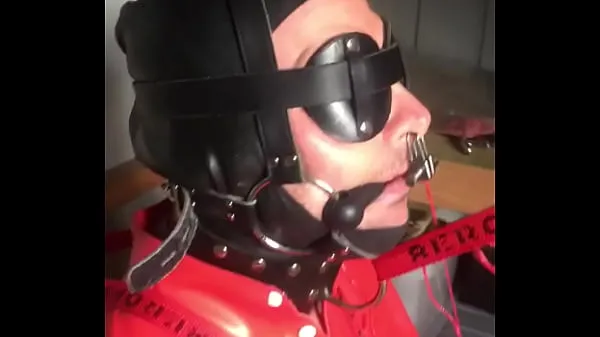 Hot Rubber gimp strapped to chair, Butt plug inflated huge, electro nipples zapping warm Movies