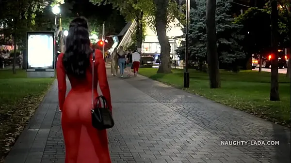 Hot Red transparent dress in public warm Movies