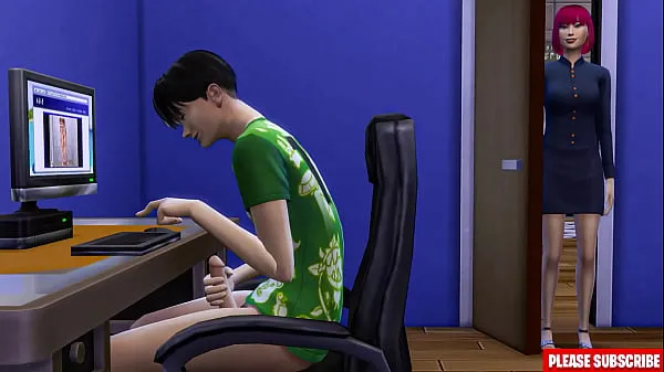 Hotte Japanese step-mom catches step-son masturbating in front of computer varme film