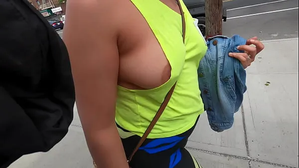 Hot Wife no bra side boobs with pierced nipples in public flashing warm Movies