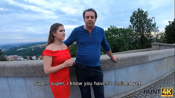 HUNT4K. Prague girl in beautiful red dress takes it off for cash with step dads permission Filem hangat panas