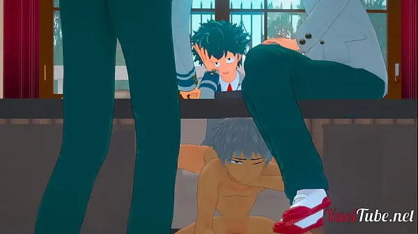 Hot Boku No Hero Yaoi 3D - Deku fucks Bakugou under the table while talking to Todoroki and Kaminari - Bareback Anal Creampie warm Movies