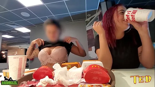 Two naughty girls making out with their breasts out while eating at McDonald's - Official Tattooed Angel Film hangat yang hangat