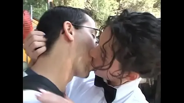 Hot Lustful male in glasses licks the horny pussy of a beautiful brunette and she gives him a hot blowjob before hard fucking on the street near the bus warm Movies