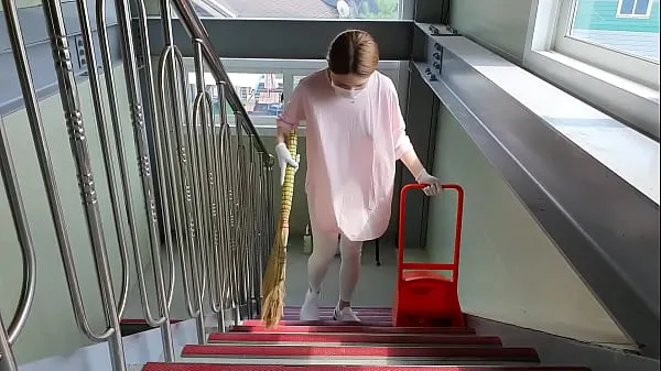 Hot Korean female part-timer - wearing short shorts and cleaning the office stairs, no bra warm Movies