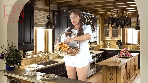 Hot Cheerful maid without panties eats a lot of bananas in the dining room. ASMR warm Movies
