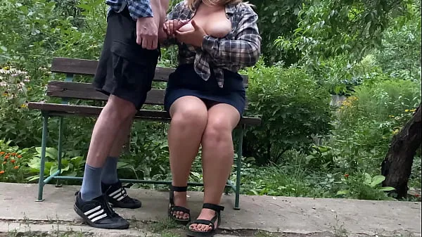 Hot Big cock cumshot on her tits in the park on a bench warm Movies
