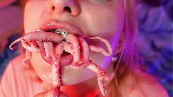 Hot weird FOOD FETISH octopus eating video (Arya Grander warm Movies
