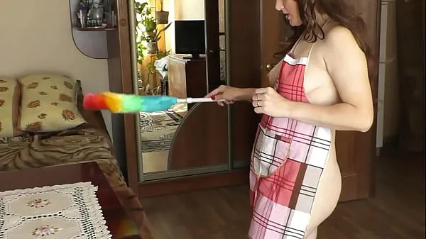 Hot MILF sexy brunette Frina naked cleans apartment and sings song "Katyusha". Booty ass MILF natural tits. Naked mommy brunette MILF cleans room. Home nudism. No panties and bra warm Movies