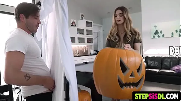 Hot Two thin girls with small breasts want to prepare for the Halloween party and want to have sex with their stepbrother who has a big dick warm Movies