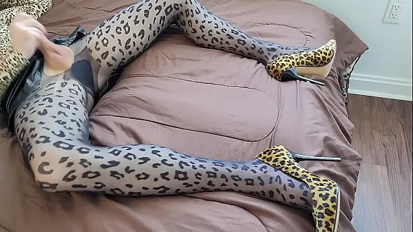 Heiße Sissy Femboy masturbiert in Leopardenstrumpfhosewarme Filme