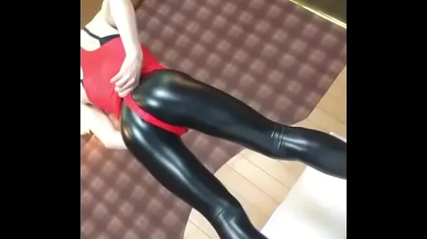 Hot no porn] Shiny Red Leotard and PU Leggings Sissy image clip ( dejavu warm Movies
