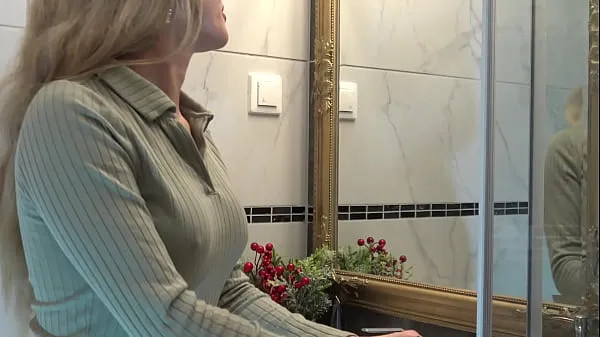 Sıcak Sexy and horny blonde wife in plead skirt takes off her underwear red thong in the bathroom to show her tight pussy and bare big ass Sıcak Filmler