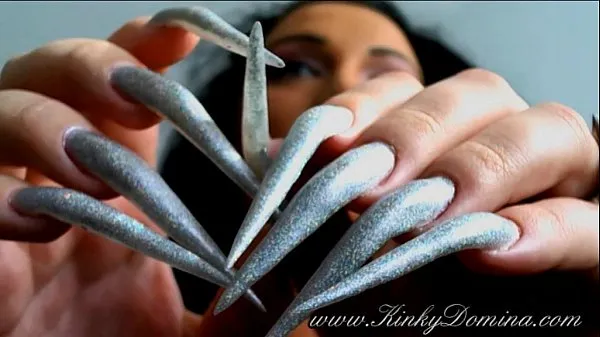 Hot long sharp fingernails in holographic silver, fingernails flicking warm Movies